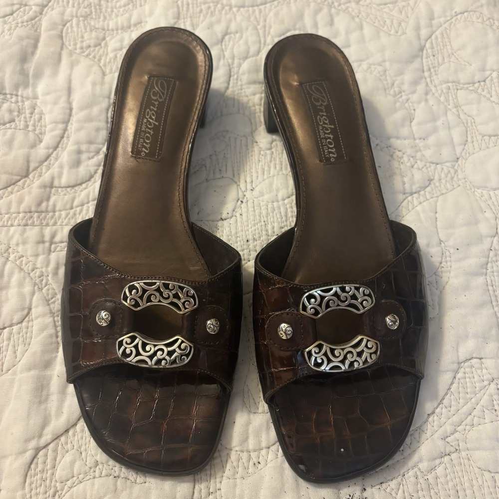 Brighton Women's 6 N Brown Animal Print Open Toe Slip On Sandals Silver Buckle‎